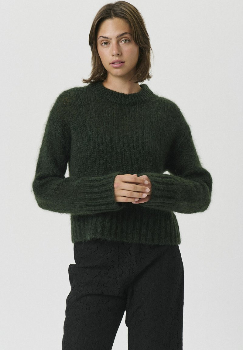 Dunkelgrüner Strickpullover mit Rundhalsausschnitt, gerippten Bündchen und Saum. Leicht lockere Passform mit weicher Textur. Getragen über schwarzen, strukturierten Hosen.