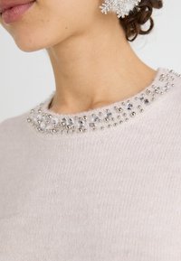 Pullover rosa chiaro con scollatura rotonda, caratterizzato da un colletto di perline arricchito con cristalli trasparenti e dettagli in argento. Texture morbida.