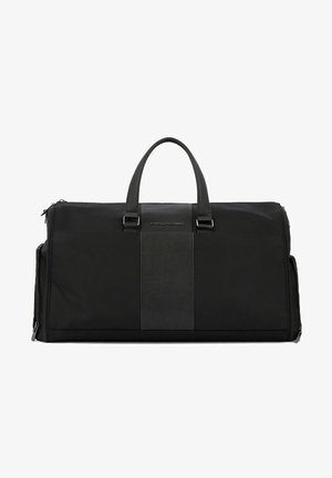 Schwarze Sporttasche aus strukturiertem Material mit glatten Lederakzenten. Verfügt über zwei Griffe und ein Reißverschlussfach für einfachen Zugang.