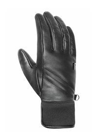 Schwarze Lederhandschuhe mit strukturierter Oberfläche, ausgestattet mit einem eng anliegenden Handgelenkbund und diagonalen Nähdetails auf der Rückseite.