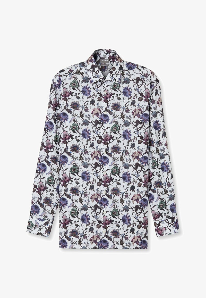 Long-sleeved shirt made of cotton with a white base featuring a colorful floral pattern in purple, green, and black hues.