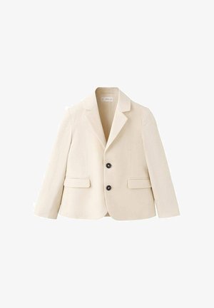 Blazer crème avec revers à encoche, deux poches à rabat sur le devant et deux boutons noirs, présenté sur fond blanc.