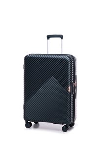 Black hard-shell suitcase with diagonal ribbed texture, silver handle, and four wheels. Features a triangular logo accent and zipper closure.