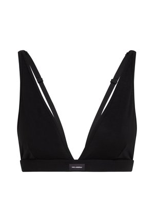 Black bralette with a plunging neckline, made of smooth fabric. Features thin adjustable straps and a logo detail on the band.