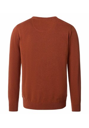 Sweter z długim rękawem w kolorze rdzy, wykonany z teksturowanego dzianinowego materiału. Okrągły dekolt, ściągacze na mankietach i dole, gładkie wykończenie, minimalistyczne detale.