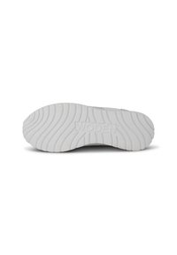 Suela de zapatilla de goma blanca con texturas onduladas, presenta la marca 'WODEN'. Acabado suave con un patrón ondulado ligeramente elevado.