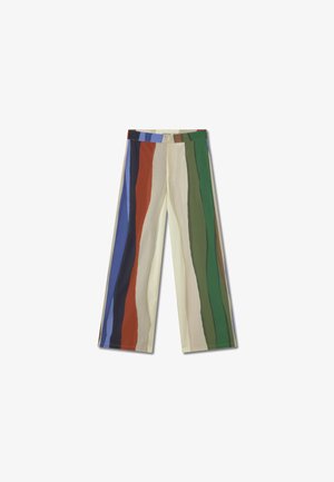 Pantalons à jambes larges en mélange de coton avec des rayures verticales multicolores bleu, vert, rouge et crème. Comprend une fermeture à bouton et pas de poches.