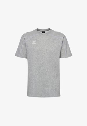 Graues Sport-T-Shirt aus weichem Stoff, mit kurzen Ärmeln, rundem Ausschnitt und dezenten weißen Nähten entlang der Nähte.