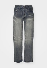 Dark blue denim jeans with a relaxed fit, featuring fading, five pockets, and a button-fly closure. Straight leg design; textured fabric.