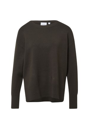 Maglione oversize verde scuro con scollo rotondo, polsini e orlo a costine e una texture liscia, progettato per comfort e facilità.