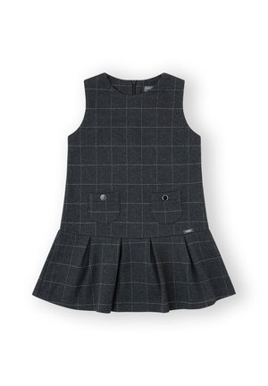 Vestido gris a cuadros con falda acampanada, diseño sin mangas, dos bolsillos frontales y cierre de cremallera en la parte posterior. Tejido de textura suave.