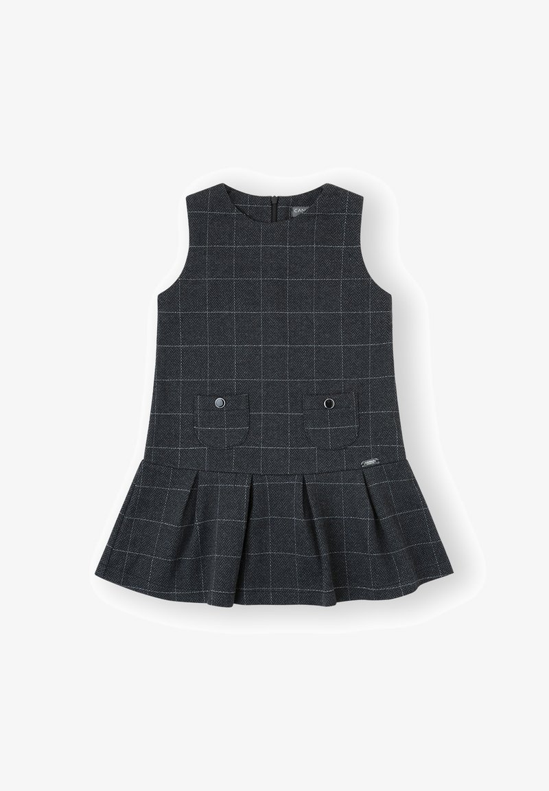 Vestido gris a cuadros con falda acampanada, diseño sin mangas, dos bolsillos frontales y cierre de cremallera en la parte posterior. Tejido de textura suave.