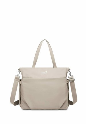 Beige tote bag made of soft fabric with adjustable strap, dual handles, front pocket, and logo detail on the side. Smooth texture.