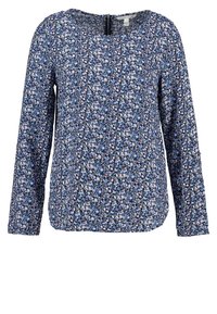 Long-sleeve blouse with a blue background and small pink, white, and light blue floral pattern, round neckline, and back zipper.