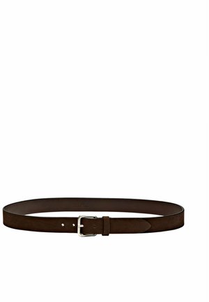 Brown leather belt with a textured finish, featuring a silver metal buckle and five adjustment holes for size variation.