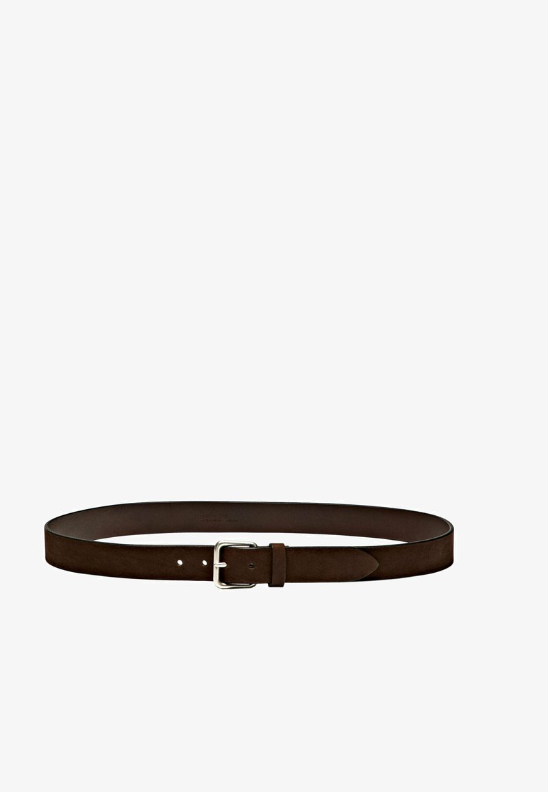 Brown leather belt with a textured finish, featuring a silver metal buckle and five adjustment holes for size variation.