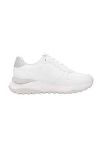 White sneaker featuring a smooth leather upper, padded collar, silver accent at the heel, and a textured rubber sole with traction.