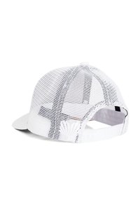 Weißer Mesh-Baseballcap mit einem soliden Frontpanel und verstellbarem Riemen. Verfügt über schwarze Akzente und ein strukturiertes Design auf der Rückseite.