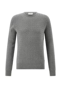 Grau gestrickter Pullover mit gerippter Textur, rundem Ausschnitt und langen Ärmeln. Mit einem subtilen Design und enganliegenden Bündchen am Saum und den Ärmeln.