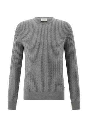 Gray knitted sweater with a ribbed texture, round neck, and long sleeves. Featuring a subtle design and fitted cuffs at the hem and sleeves.