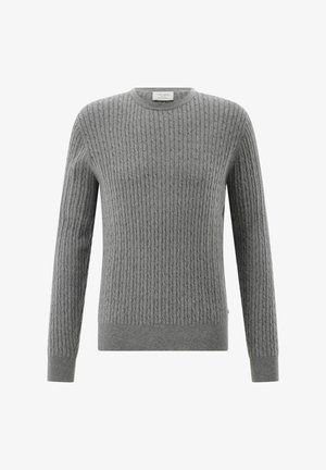 Gray knitted sweater with a ribbed texture, round neck, and long sleeves. Featuring a subtle design and fitted cuffs at the hem and sleeves.