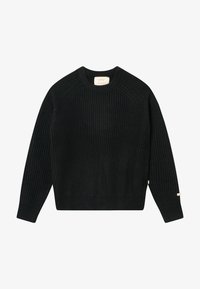 Schwarzer, gerippter Strickpullover mit langen Ärmeln und Rundhalsausschnitt, sichtbaren Nähten an den Schultern und kleinen Stofflabels an den Bündchen und der Seitennaht.