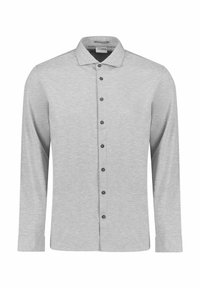 Grijze langlopende blouse met knopen gemaakt van een zachte stof. Bevat een klassieke kraag, zes zwarte knopen en knoopmanchetten.