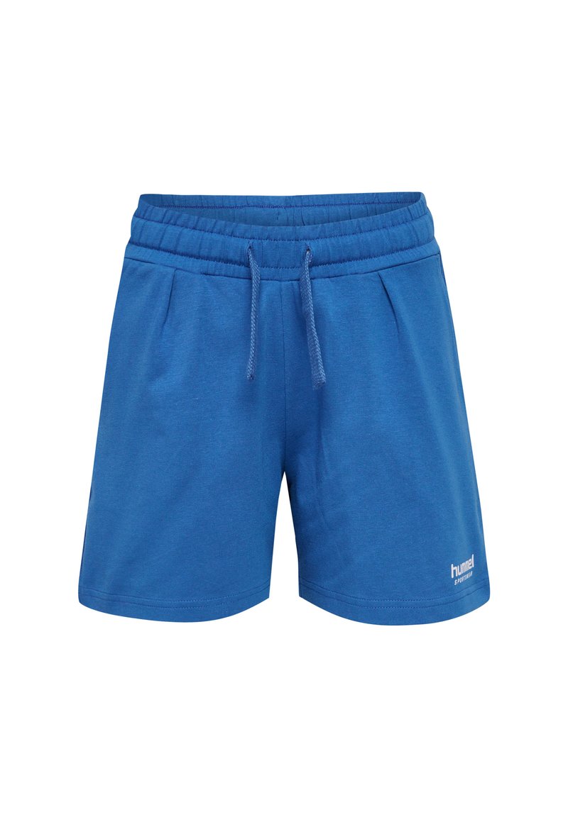 Blå sportshorts tillverkade av mjukt tyg, med ett elastiskt midjeband och dragsko, två sidofickor och en logotyp på nederdelen av benet.