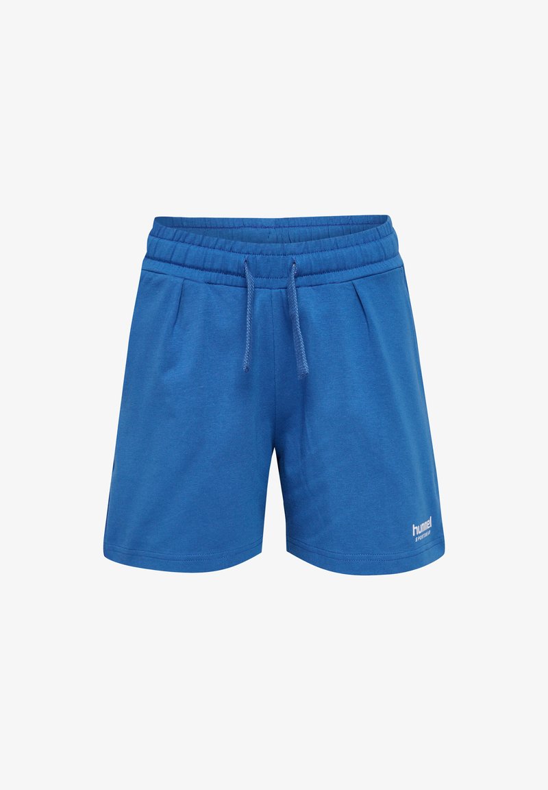 Blauwe sportieve shorts van zacht materiaal, met een elastische tailleband met trekkoord, twee zijzakken en een logo op het onderbeen.
