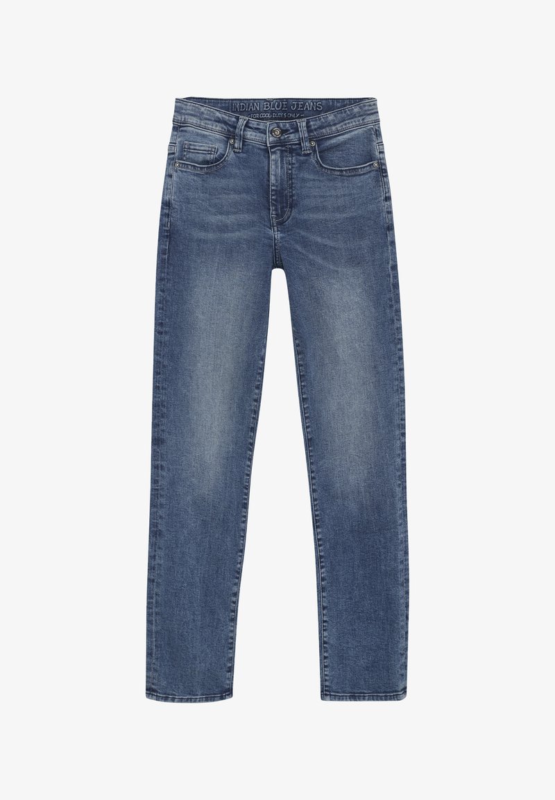 Jean en denim bleu moyen, avec une coupe droite, un design à cinq poches et une fermeture éclair avec un bouton. Détails de décoloration légère.