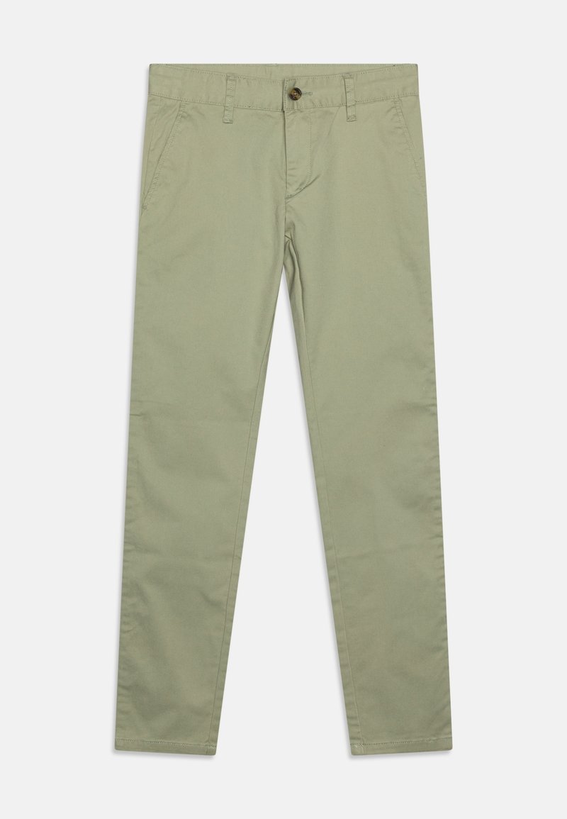 Light green cotton chinos with a straight leg design, featuring a button closure and belt loops. Smooth texture, minimal stitching details.