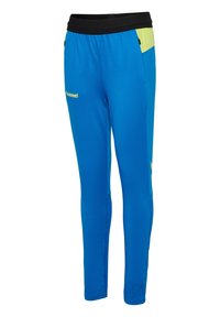 Blauwe sportbroeken van lichtgewicht stof, voorzien van een zwarte tailleband en gele accenten aan de zijkanten. Met ritszakken.