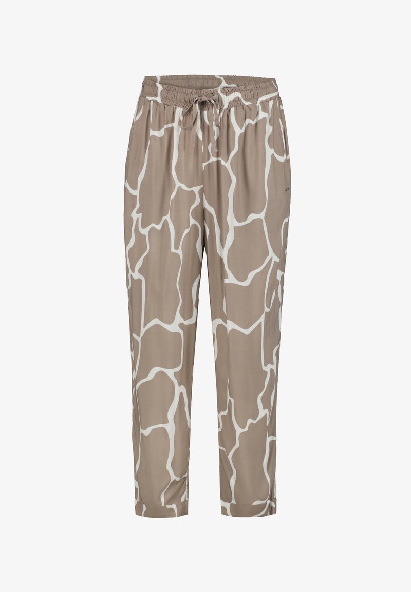 Lichte, beige broek met een wit abstract patroon. Voorzien van een elastische tailleband en trekkoord, taps toelopend ontwerp, gladde textuur.