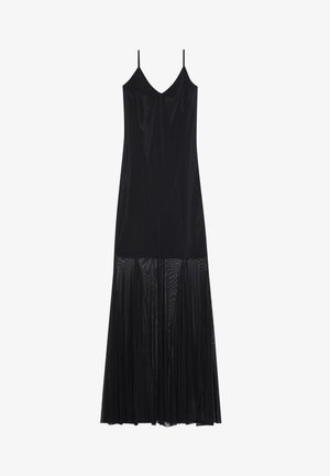 Black dress with thin straps, featuring a fitted top in smooth fabric and a flared, pleated sheer lower section.