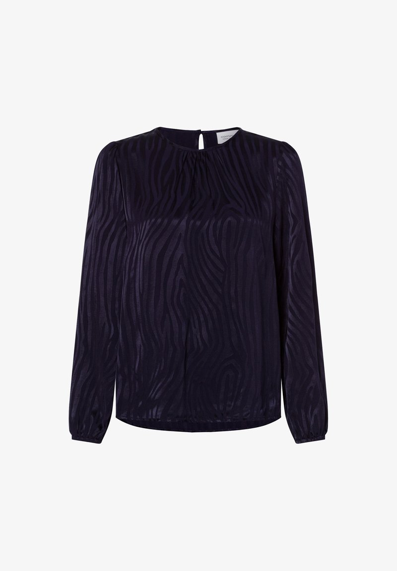 Blouse noire à manches longues avec un motif zèbre subtil, encolure ronde avec fermeture par bouton à trou au dos, et détail froncé à l'avant.