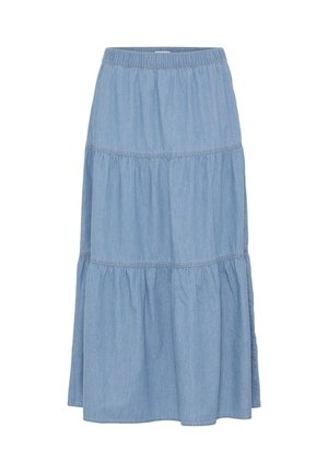 Jupe midi en denim bleu clair avec taille élastique et sections froncées à volants pour une silhouette fluide.