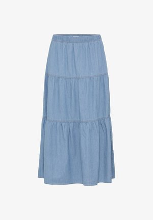 Jupe midi en denim bleu clair avec taille élastique et sections froncées à volants pour une silhouette fluide.