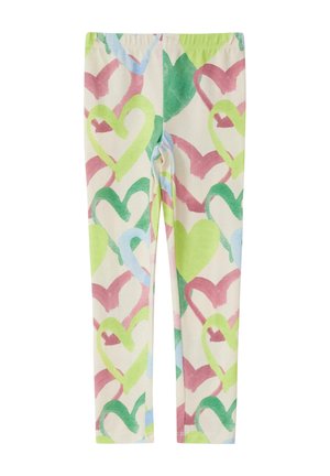 Legginsy z elastycznym paskiem w talii, ozdobione wielokolorowym wzorem serc na zielonym, różowym, niebieskim i kremowym tle.