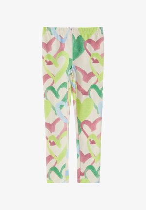 Leggings avec taille élastique, présentant un motif de cœurs multicolores en vert, rose, bleu, sur fond crème.