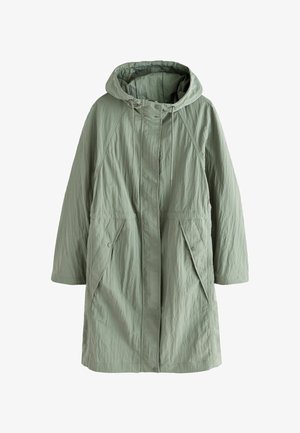 Lysegrøn parka-jakke til knæene med hætte, raglanærmer, to forlommer og justerbar snøre til hætten. Tekstureret finish.