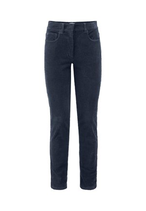 Dunkelblaue Cordhosen mit slim Fit, ausgestattet mit Fronttaschen und einer strukturierten Ripp-Oberfläche. Bund mit Gürtelschlaufen und Reißverschluss.