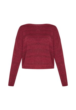 Bordeaux strikket sweater med lange ærmer, en vid halsudskæring og et cropped design med et struktureret mønster over det hele.