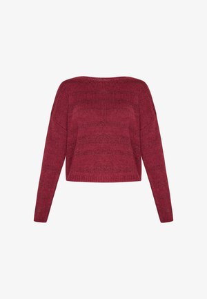 Bordeaux strikket sweater med lange ærmer, en vid halsudskæring og et cropped design med et struktureret mønster over det hele.