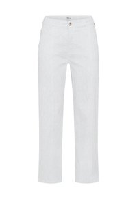 Pantaloni bianchi a gamba dritta con chiusura a bottone e passanti per cintura. Presentano righe verticali e un design della vita regolare.