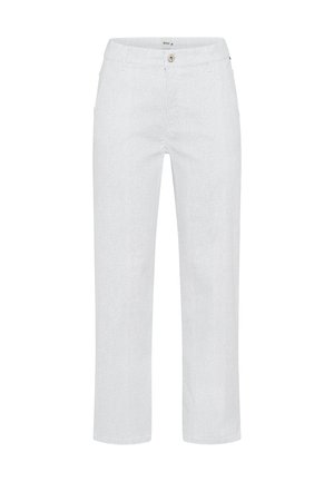 White, textured straight-leg pants with a button closure and belt loops. Features vertical stripes and a regular waistband design.