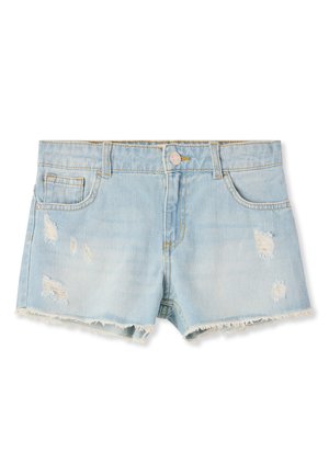 Shorts in denim blu chiaro con orli sfrangiati, dettagli strappati, design a cinque tasche e chiusura con un singolo bottone in metallo.