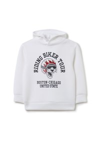 Sudadera blanca con un gráfico en el frente que presenta una calavera con gafas de sol, llamas y el texto: "TOUR DE MOTEROS BOSTON-CHICAGO ESTADOS UNIDOS."