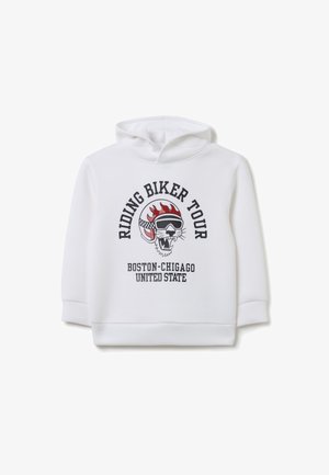 Felpa bianca con una grafica frontale che presenta un teschio con occhiali da sole, fiamme e testo: "TOUR IN BICICLETTA BOSTON-CHICAGO STATI UNITI."
