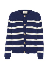Navy blue cardigan with white stripes, knit texture, round neck, and golden buttons on the front. Ribbed cuffs and hem.