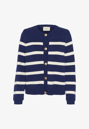 Navy blue cardigan with white stripes, knit texture, round neck, and golden buttons on the front. Ribbed cuffs and hem.